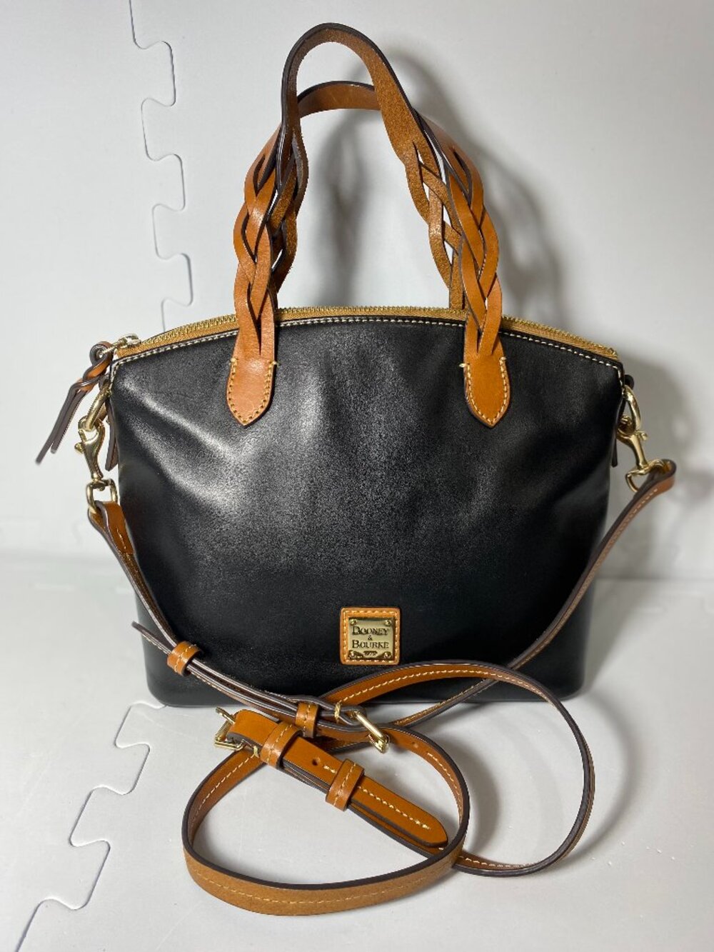 Dooney & Bourke Heidi Florentine Leather Satchel Black Tan Braided Handles
